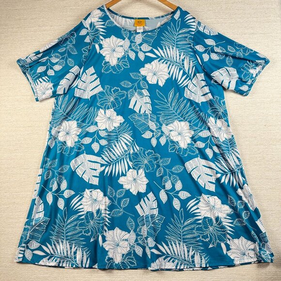 Ruby Rd. Woman 2X Blue/teal & White Tropical Floral Stretchy Pullover Midi Dress - Picture 5 of 11